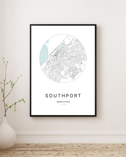 Minimalist city map print of Southport.