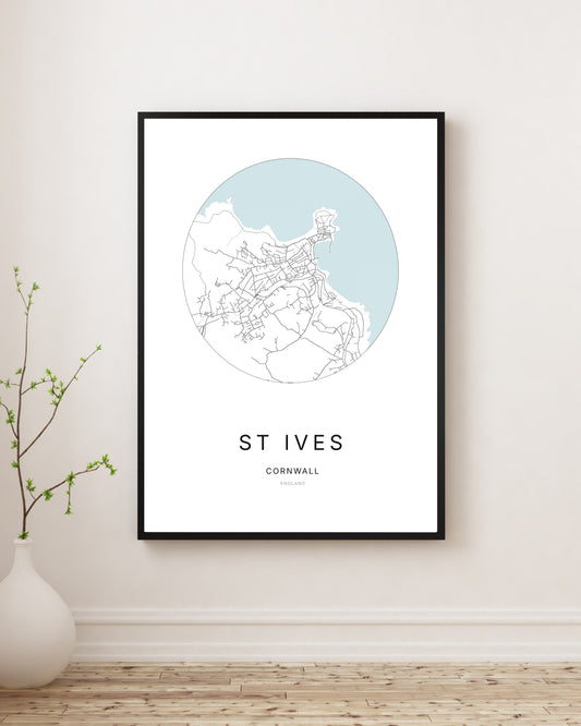Affiche minimaliste du plan de la ville de St Ives.