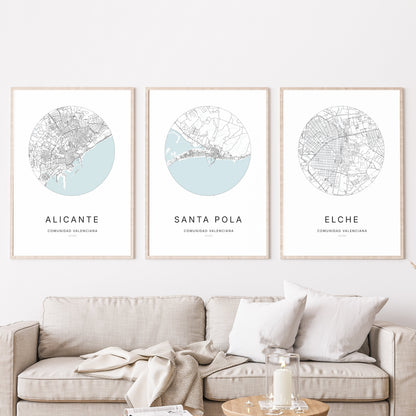 Trio d’affiches de Santa Pola, Alicante et Elche dans un salon