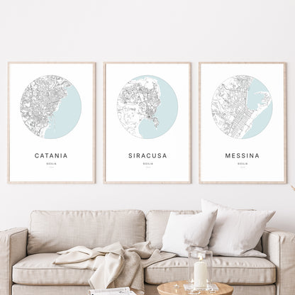 Trio d'affiches de Siracusa, Catania et Messina dans un salon.