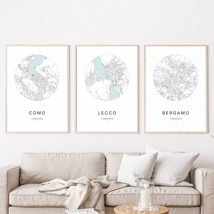 Trio d'affiches de Lecco, Como et Bergamo dans un salon.