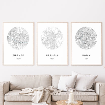Trio di poster di Perugia, Firenze e Roma in un soggiorno.