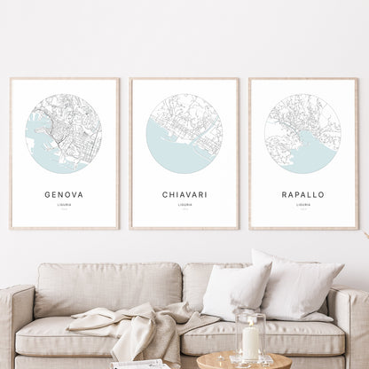 Trio d'affiches de Chiavari, Genova et Rapallo dans un salon.