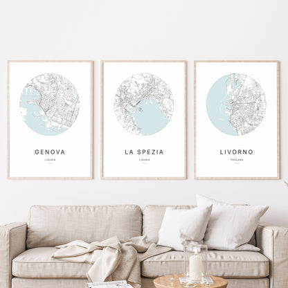 Trio d'affiches de La Spezia, Genova et Livorno dans un salon.