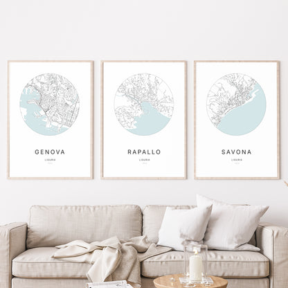 Trio d'affiches de Rapallo, Genova et Savona dans un salon.