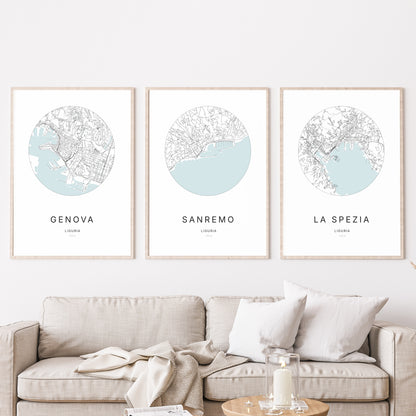 Trio d'affiches de Sanremo, Genova et La Spezia dans un salon.