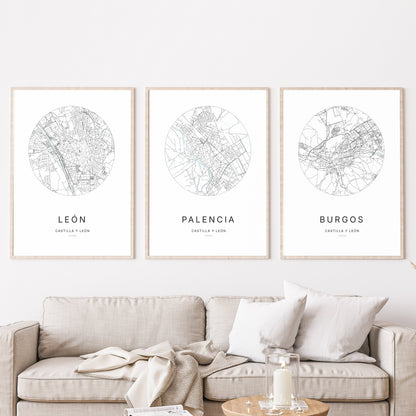 Trio d'affiches de Palencia, León et Burgos dans un salon.