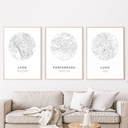 Trio d'affiches de Ponferrada, León et Lugo dans un salon.
