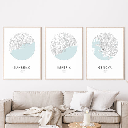Trio d'affiches d'Imperia, Sanremo et Genova dans un salon.