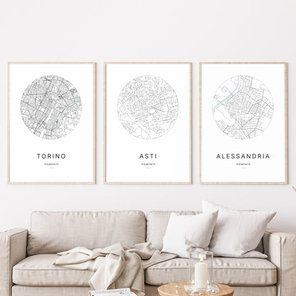 Trio d'affiches d'Asti, Torino et Alessandria dans un salon.