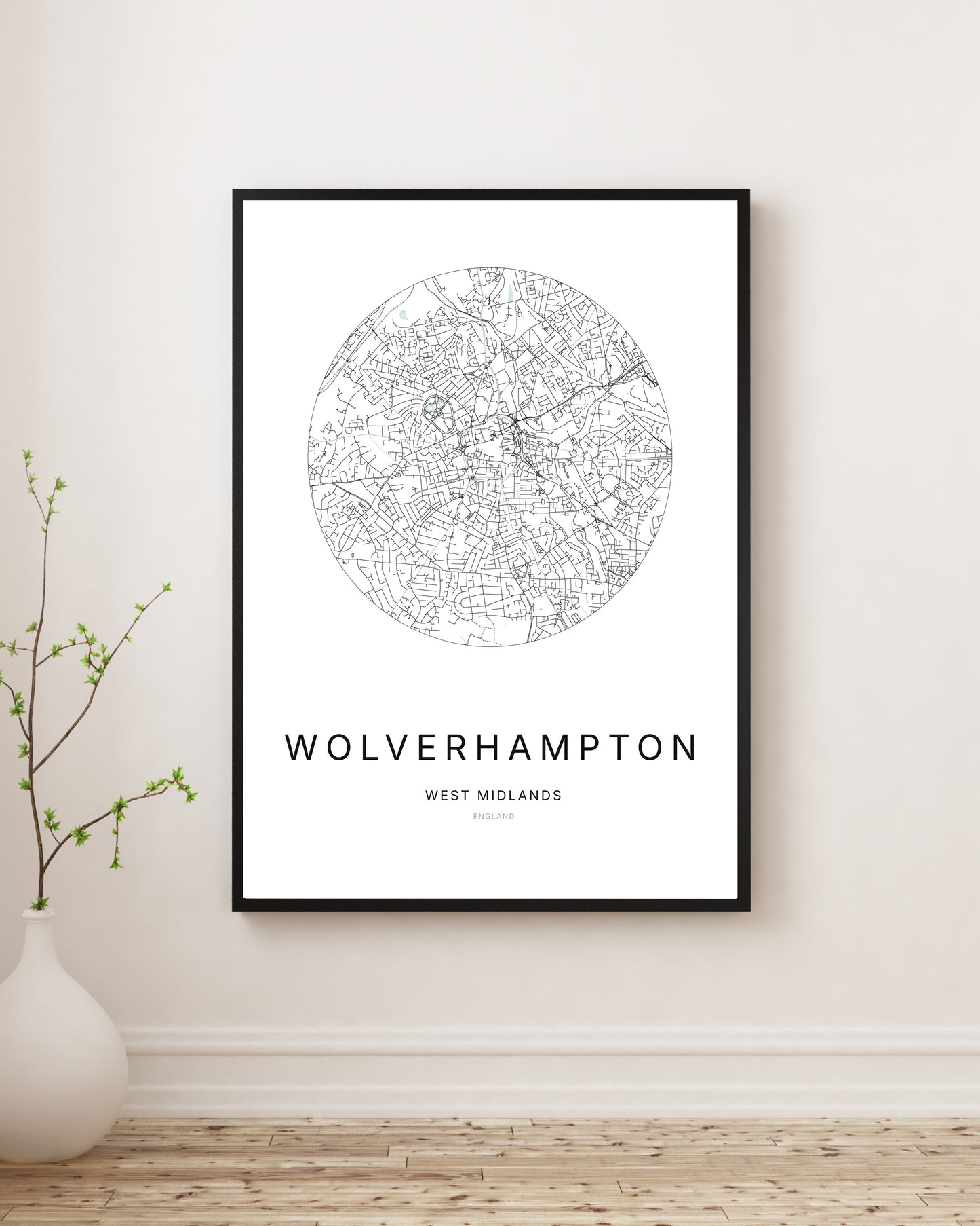 Affiche minimaliste du plan de la ville de Wolverhampton.