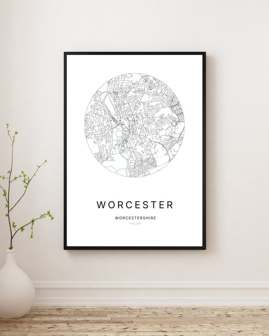 Affiche minimaliste du plan de la ville de Worcester.