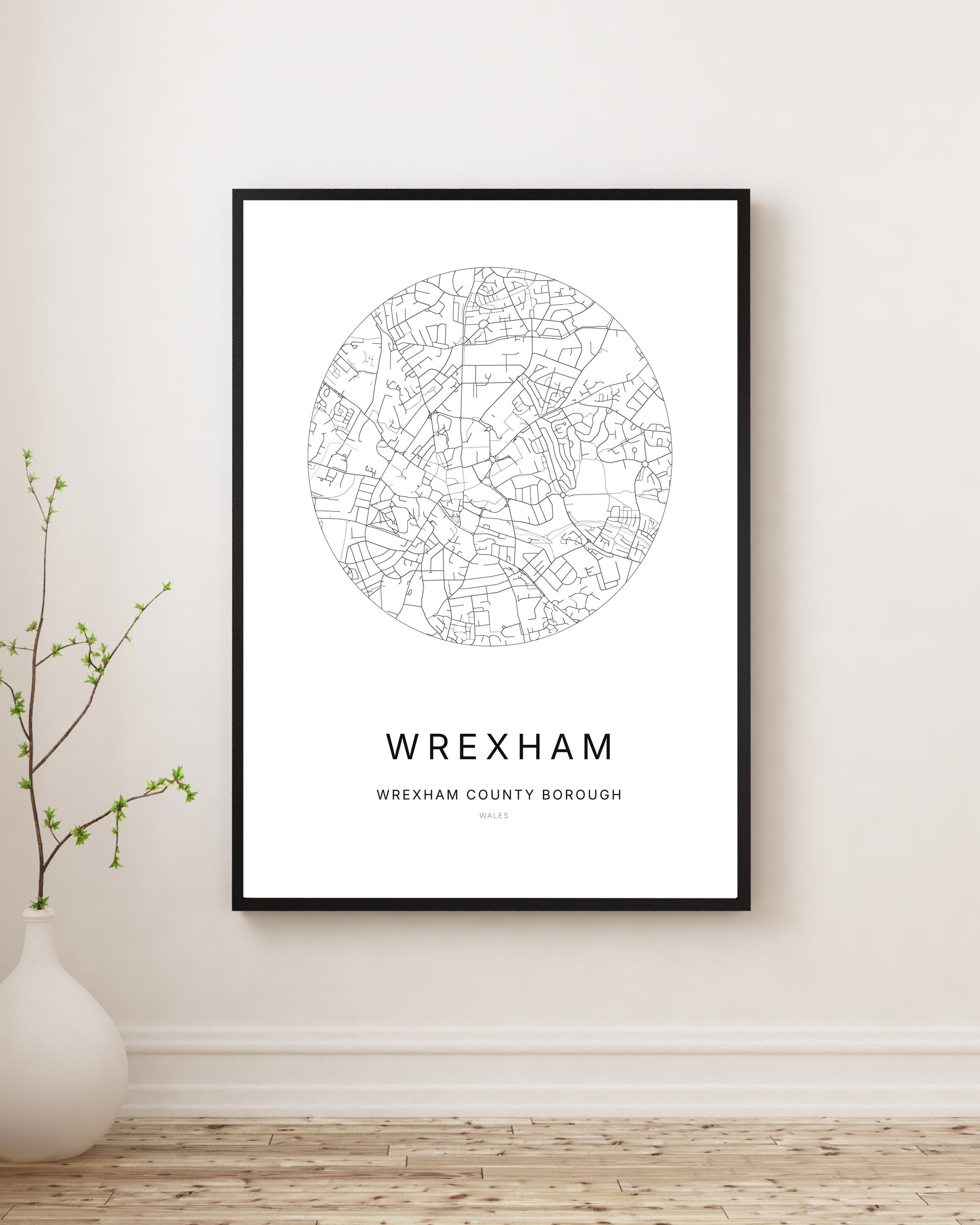 Affiche minimaliste du plan de la ville de Wrexham.